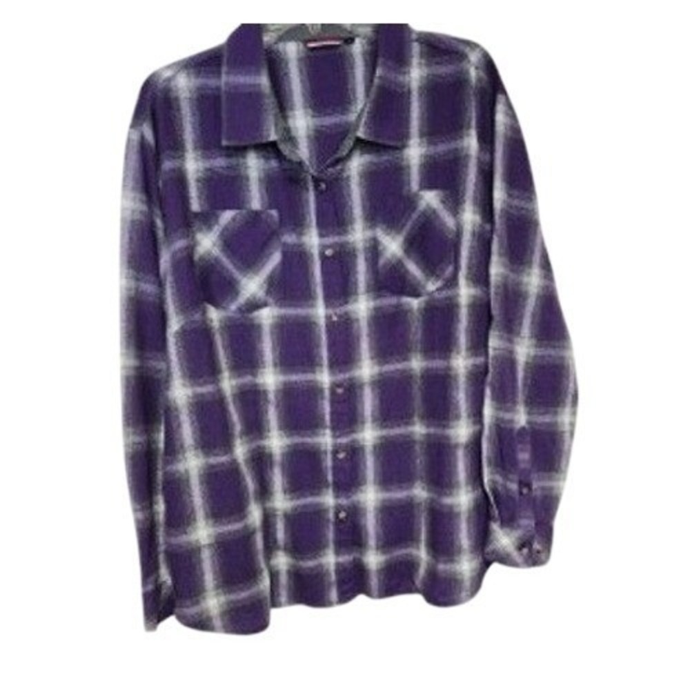Womens Purple Grey Plaid Flannel Button Down Shirt Long Sleeve Size L
